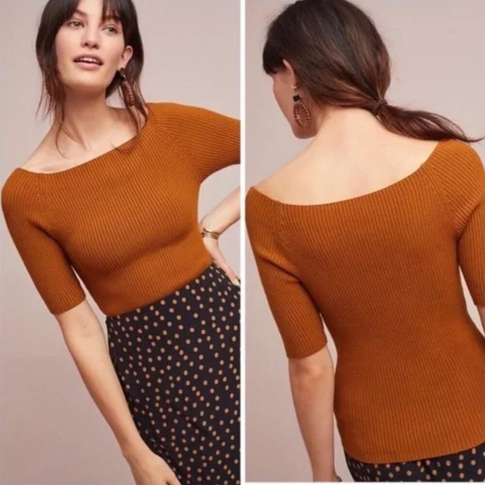 Anthropologie Ett:twa Yellow Tan L'Opera Ribbed Off‎ Shoulder Top